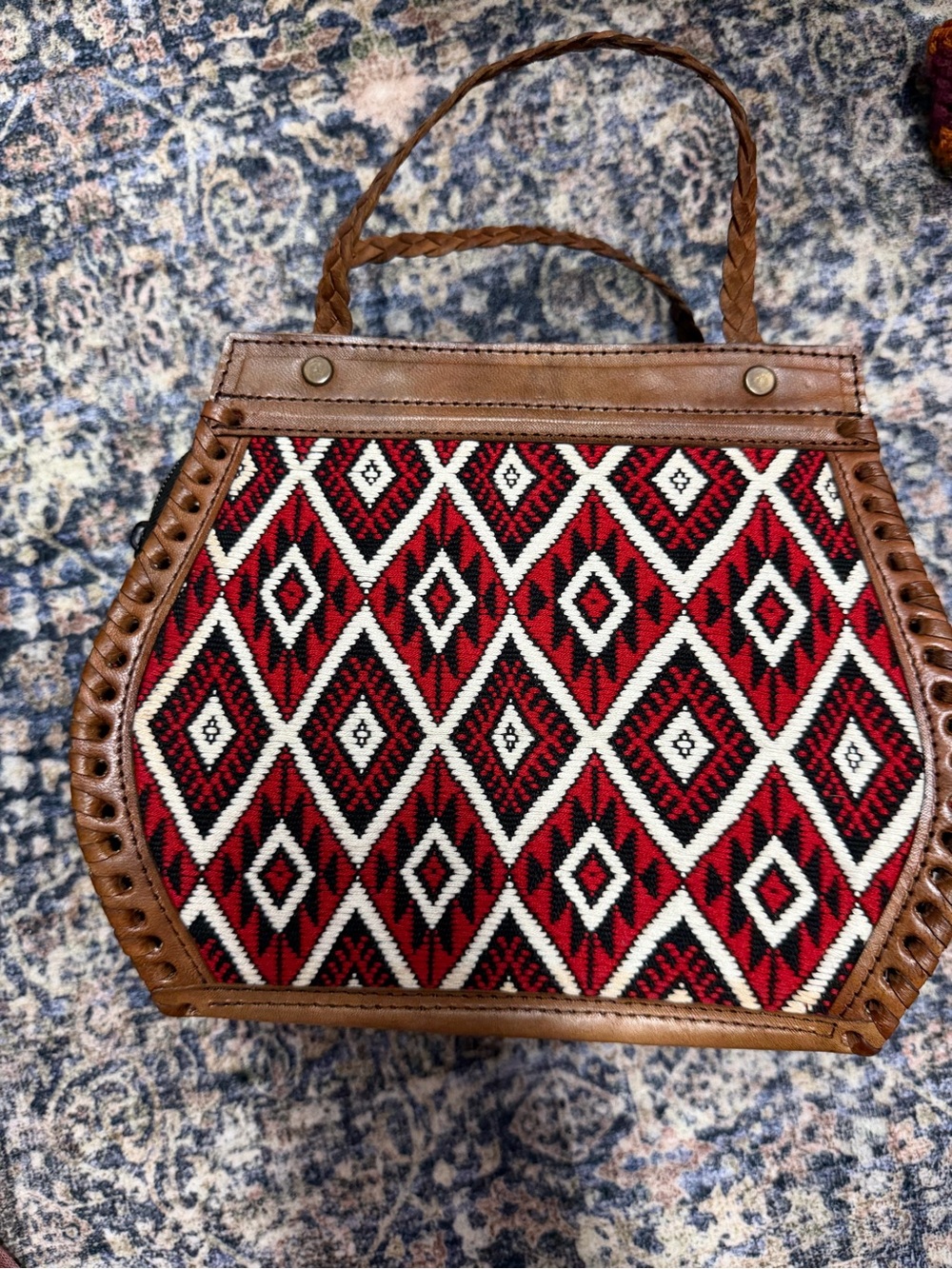 Boho Red Diamond Pattern Woven Tote with Brown Trim